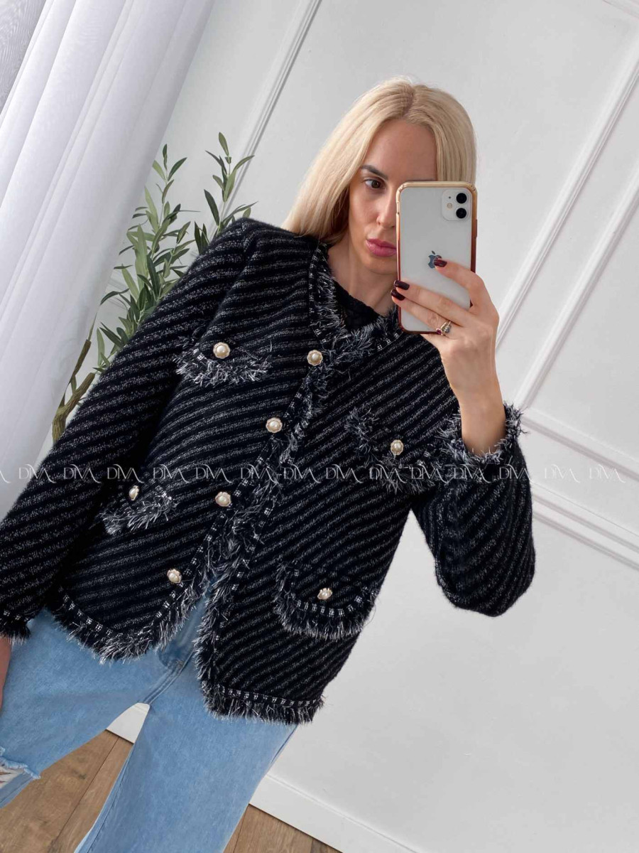 Úpletové sako so strapčekmi čierne A 50