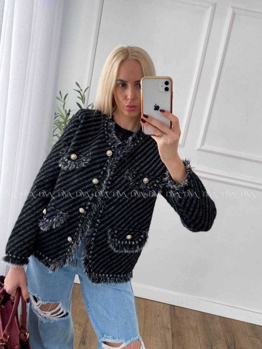 Úpletové sako so strapčekmi čierne A 50