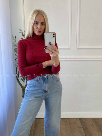 Rebrovaný rolák so srdiečkami vínová V 50