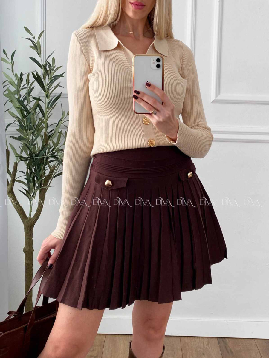 Úpletová krátka skladaná sukňa čokoládová A 67