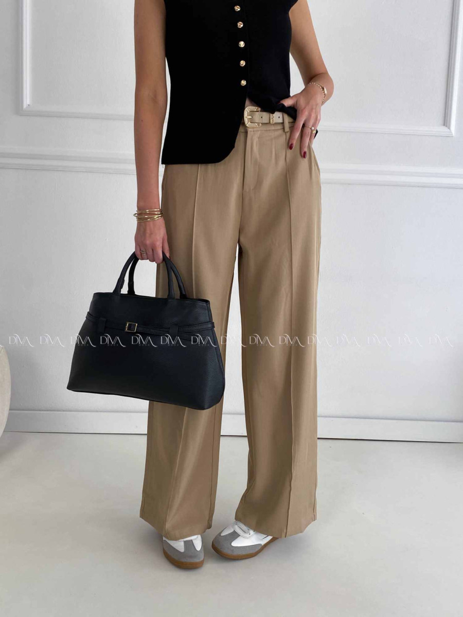 Široké nohavice wide leg s pukom hnedá latté A 47