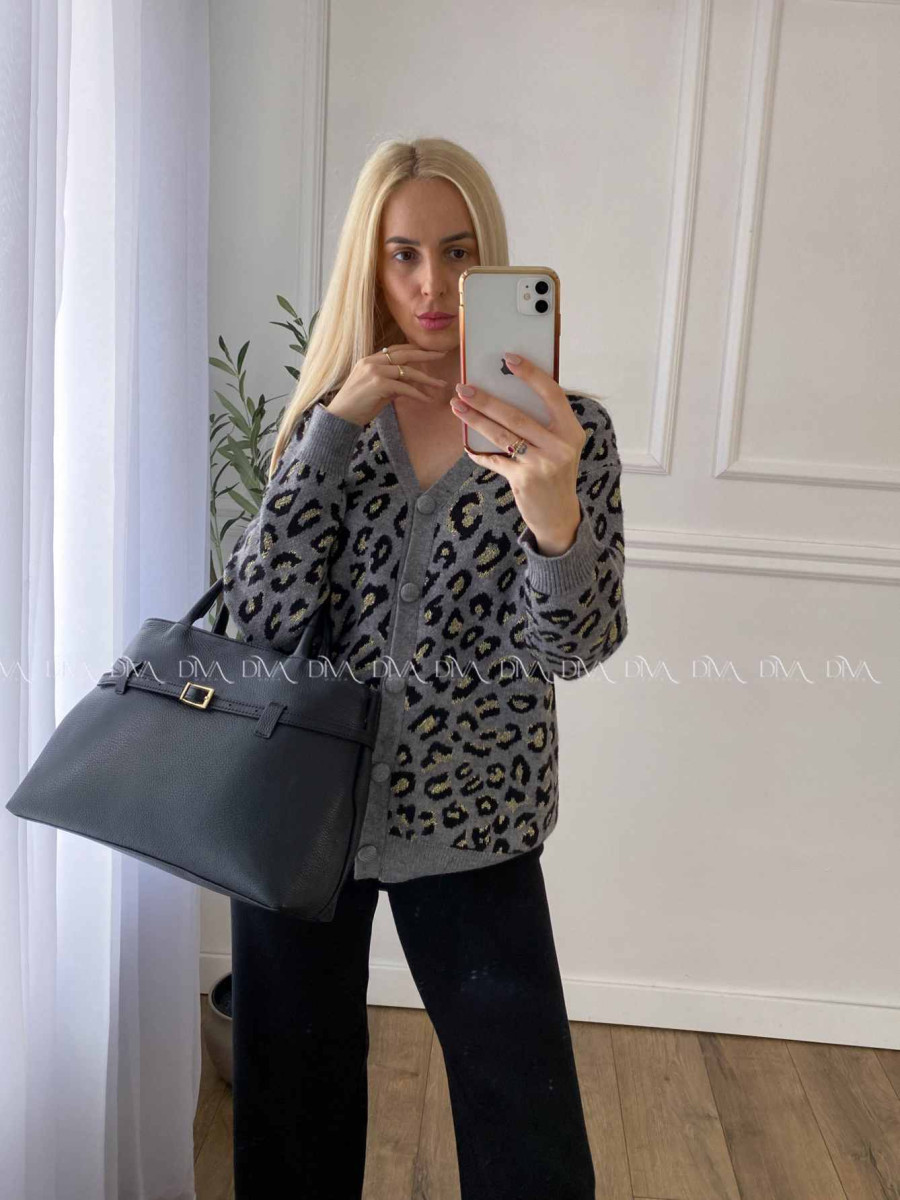 Oversize leopardí kardigan šedý A 54