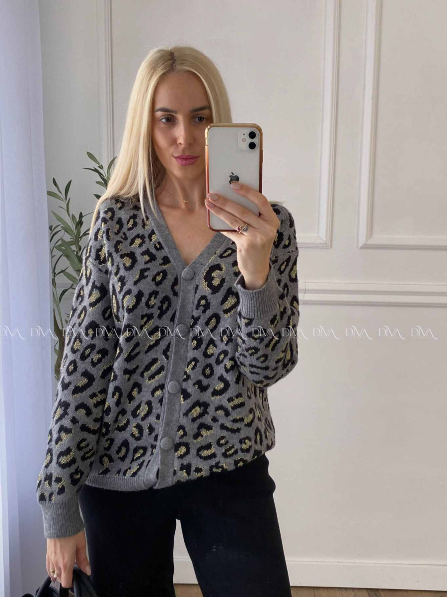 Oversize leopardí kardigan šedý A 54