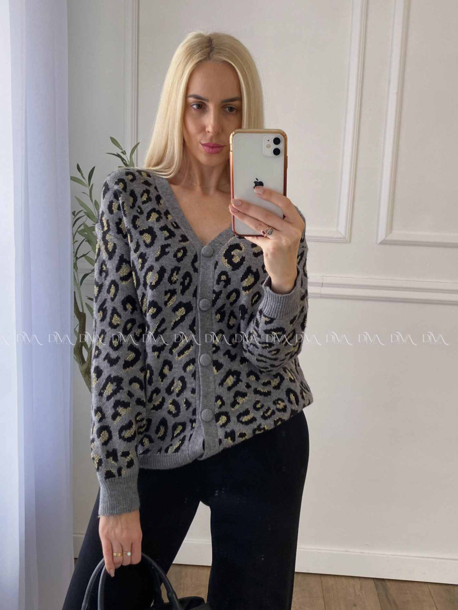 Oversize leopardí kardigan šedý A 54