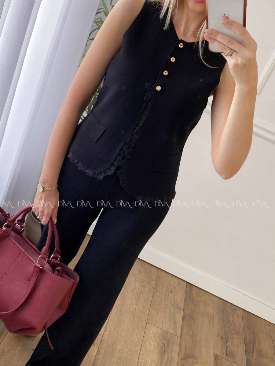 Úpletový vestový komplet s krajkou čierny A 59