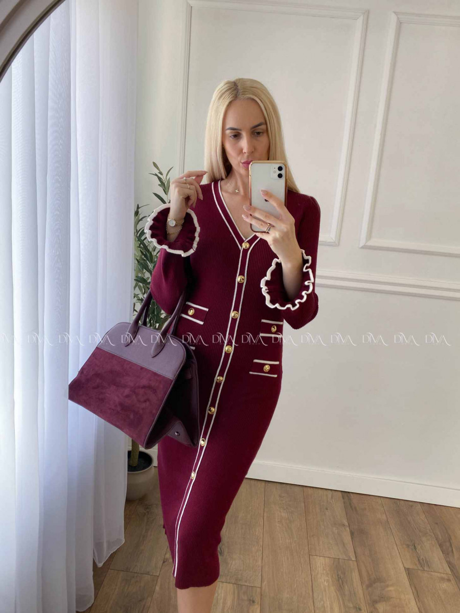 Úpletové midi šaty s gombíkmi a volánmi na rukách burgundy A 66