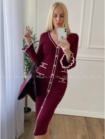 Úpletové midi šaty s gombíkmi a volánmi na rukách burgundy A 66
