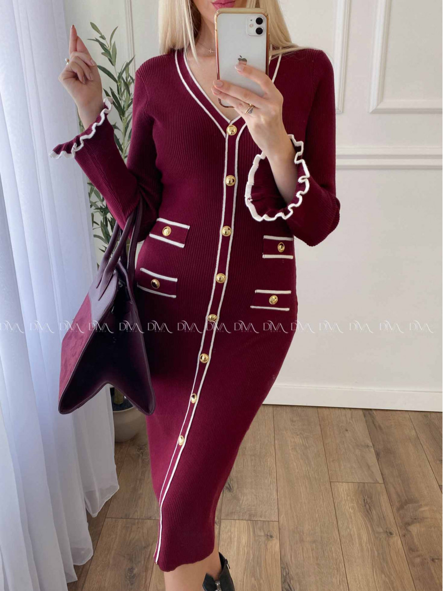 Úpletové midi šaty s gombíkmi a volánmi na rukách burgundy A 66