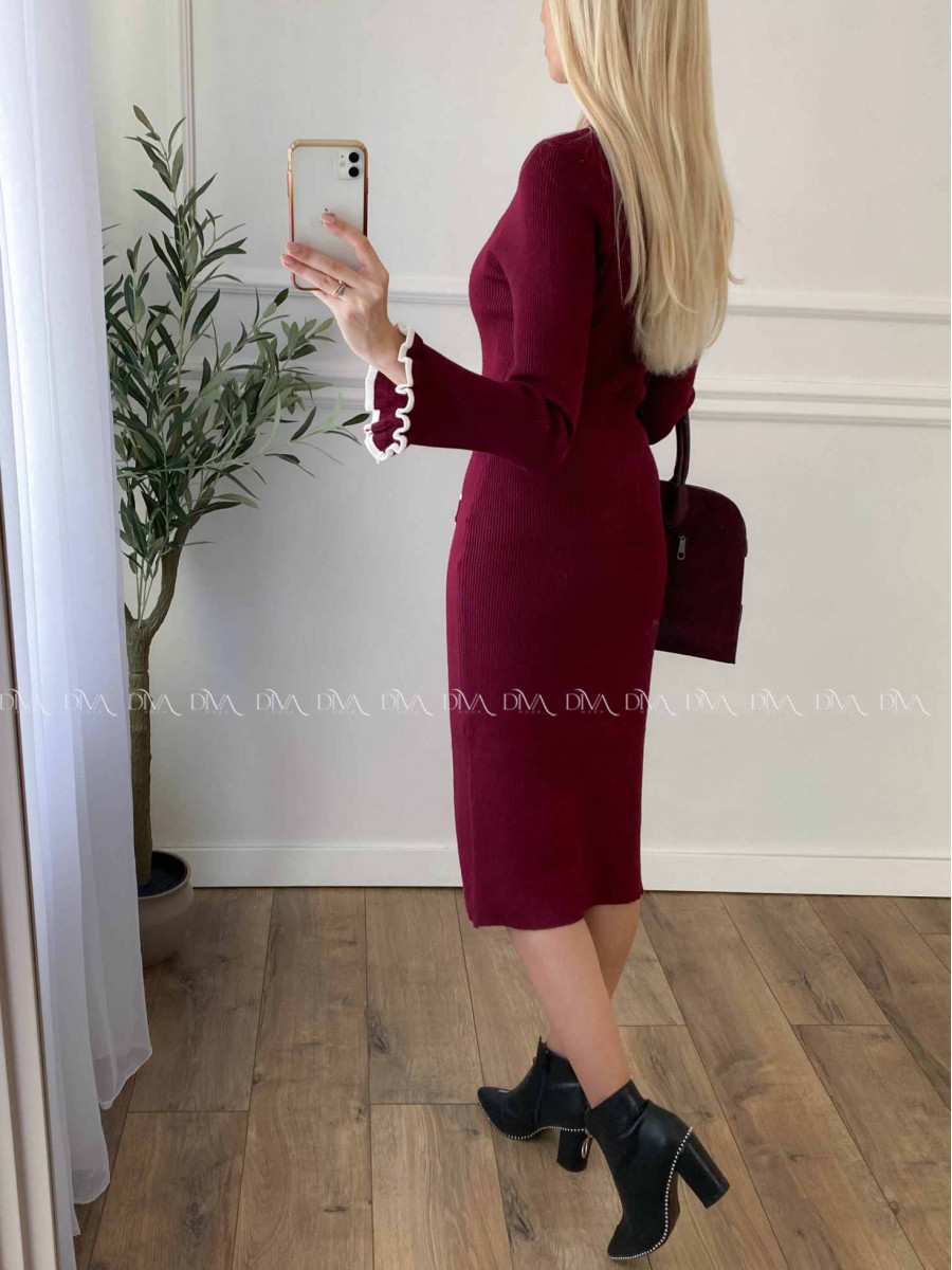 Úpletové midi šaty s gombíkmi a volánmi na rukách burgundy A 66