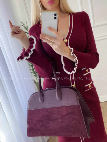 Úpletové midi šaty s gombíkmi a volánmi na rukách burgundy A 66