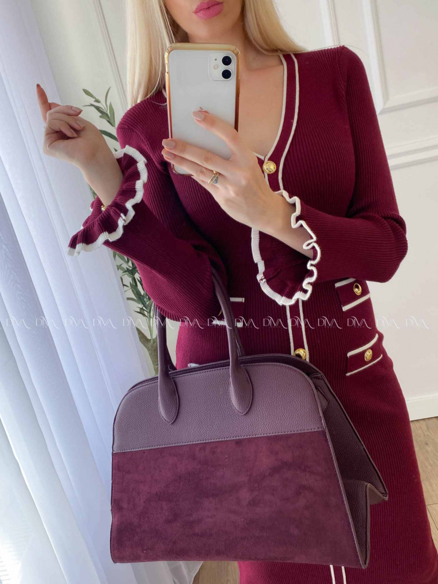 Úpletové midi šaty s gombíkmi a volánmi na rukách burgundy A 66