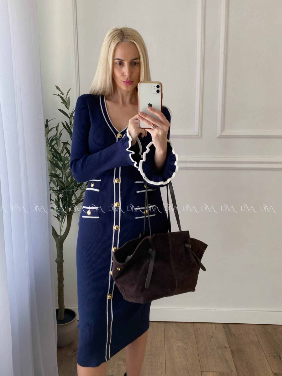 Úpletové midi šaty s gombíkmi a volánmi na rukách navy blue A 66