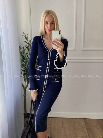 Úpletové midi šaty s gombíkmi a volánmi na rukách navy blue A 66