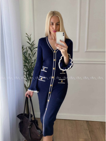 Úpletové midi šaty s gombíkmi a volánmi na rukách navy blue A 66