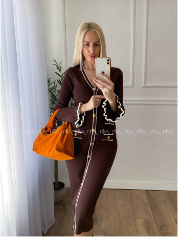 Úpletové midi šaty s gombíkmi a volánmi na rukách čokoládové A 66