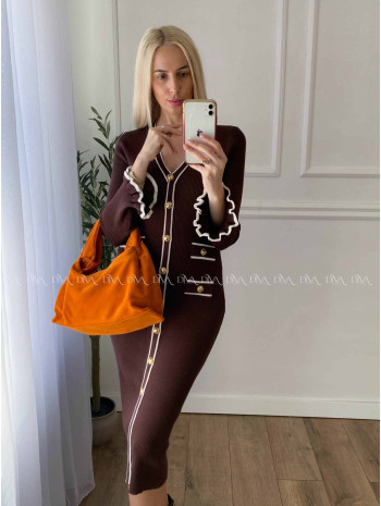 Úpletové midi šaty s gombíkmi a volánmi na rukách čokoládové A 66