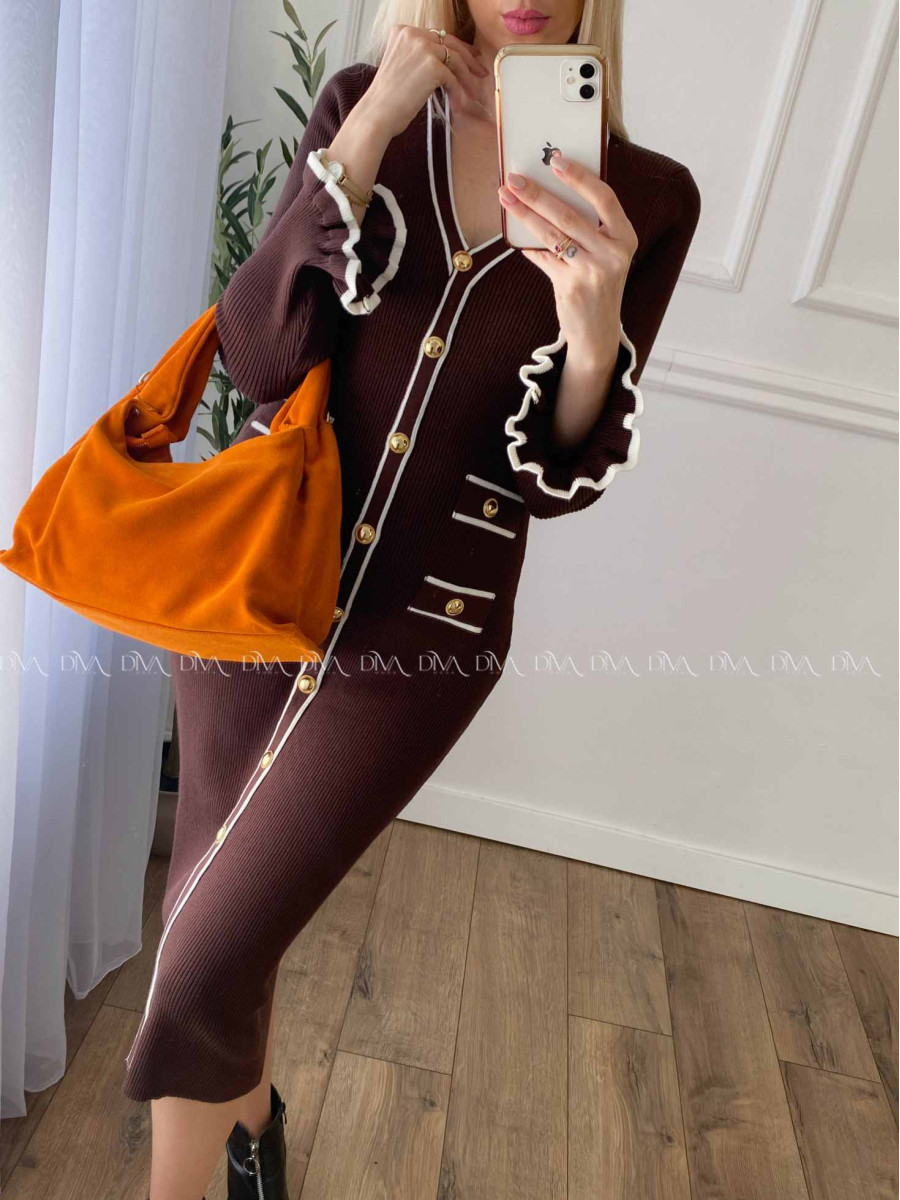 Úpletové midi šaty s gombíkmi a volánmi na rukách čokoládové A 66