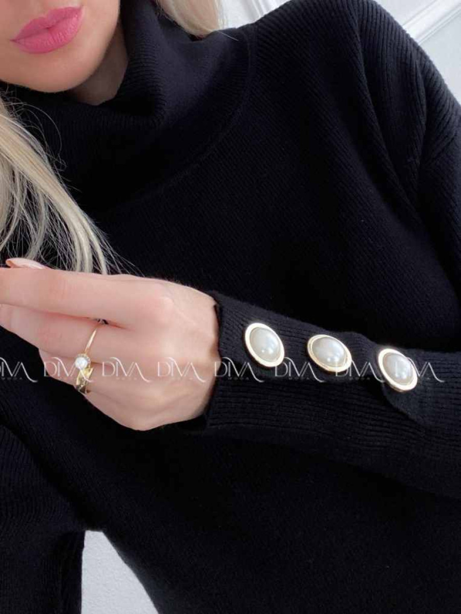 Rolákové šaty s perlovými gombíkmi čierne A 45