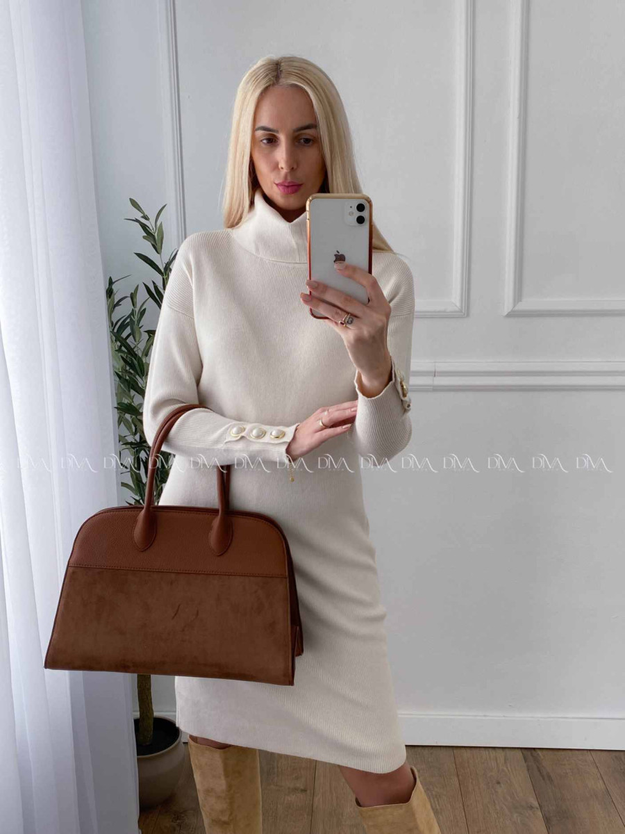 Rolákové šaty s perlovými gombíkmi smotanové A 45