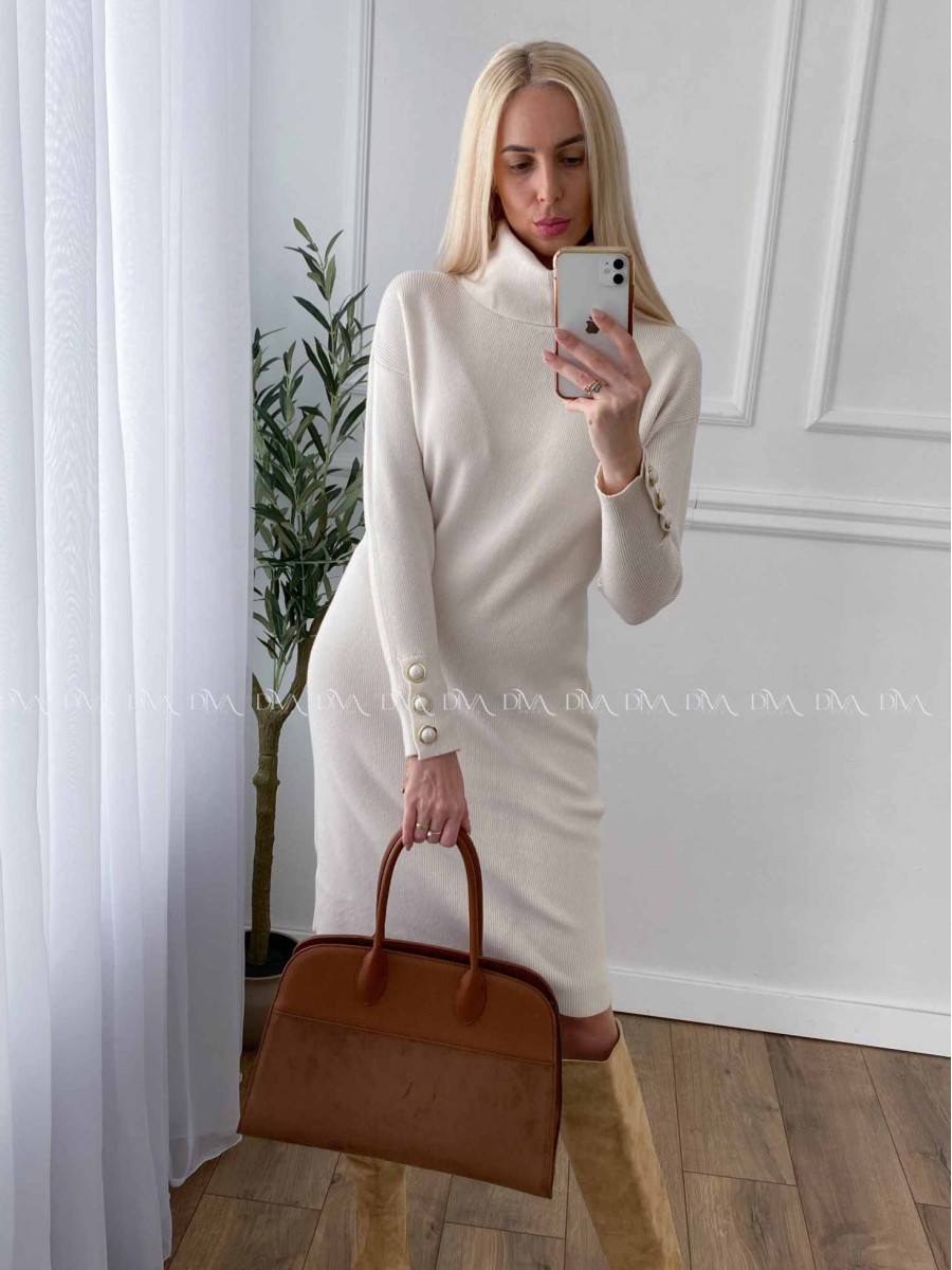 Rolákové šaty s perlovými gombíkmi smotanové A 45