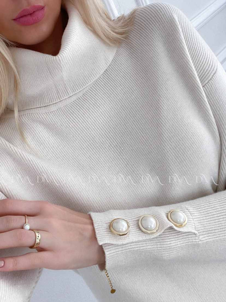 Rolákové šaty s perlovými gombíkmi smotanové A 45