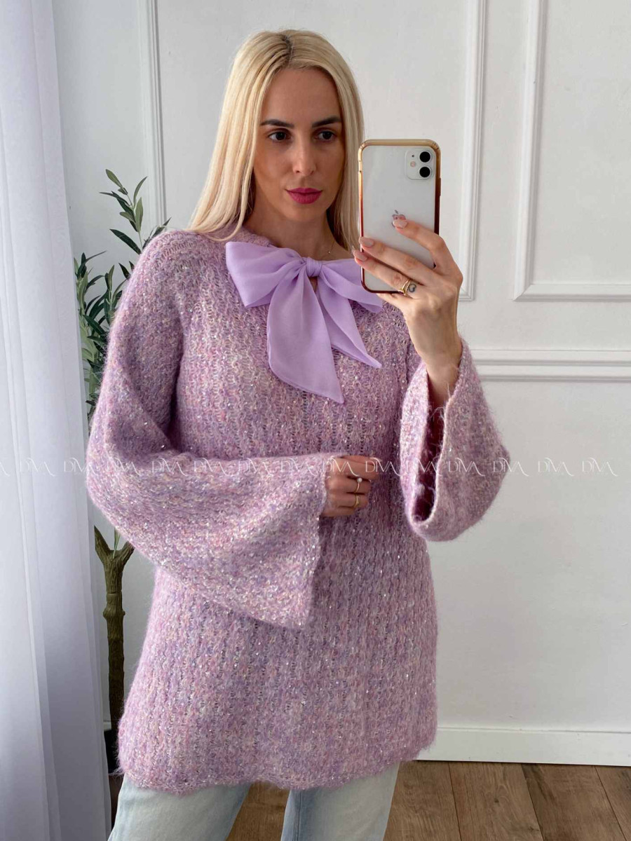 Sveter s mašľou a flitrami fialkový A 38