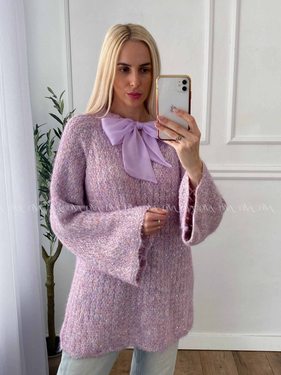 Sveter s mašľou a flitrami fialkový A 38
