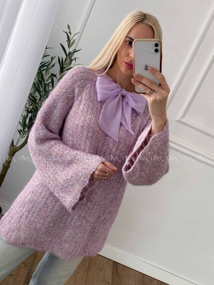 Sveter s mašľou a flitrami fialkový A 38