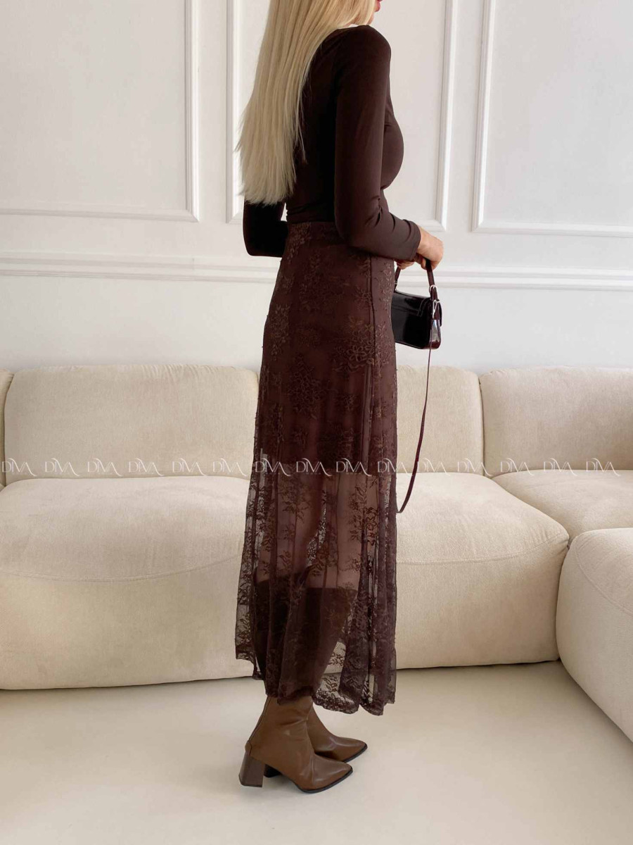 Krajkovaná maxi sukňa Leona čokoládová A 81