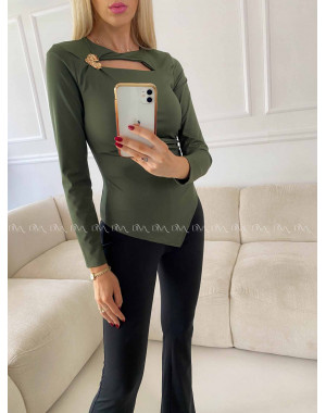 Šikmý top s výstrihom a sponou khaki zelený A 77