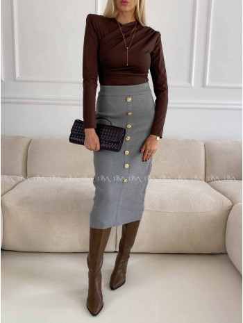 Úpletová priliehavá midi sukňa s ružičkovými gombíkmi sivá A 63