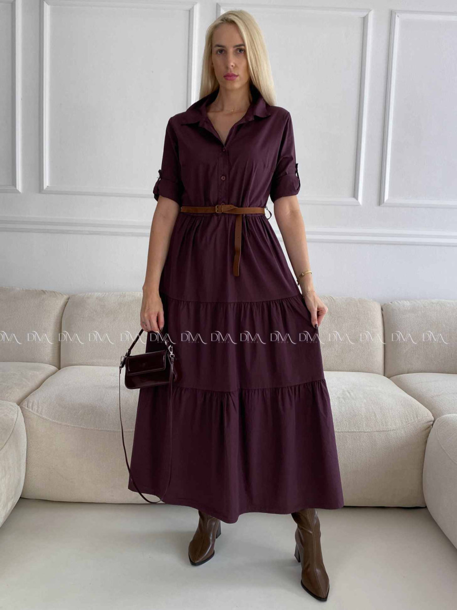 Košeľové maxi šaty s opaskom burgundy A 99