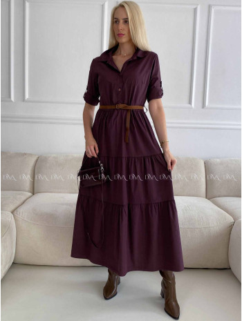 Košeľové maxi šaty s opaskom burgundy A 99