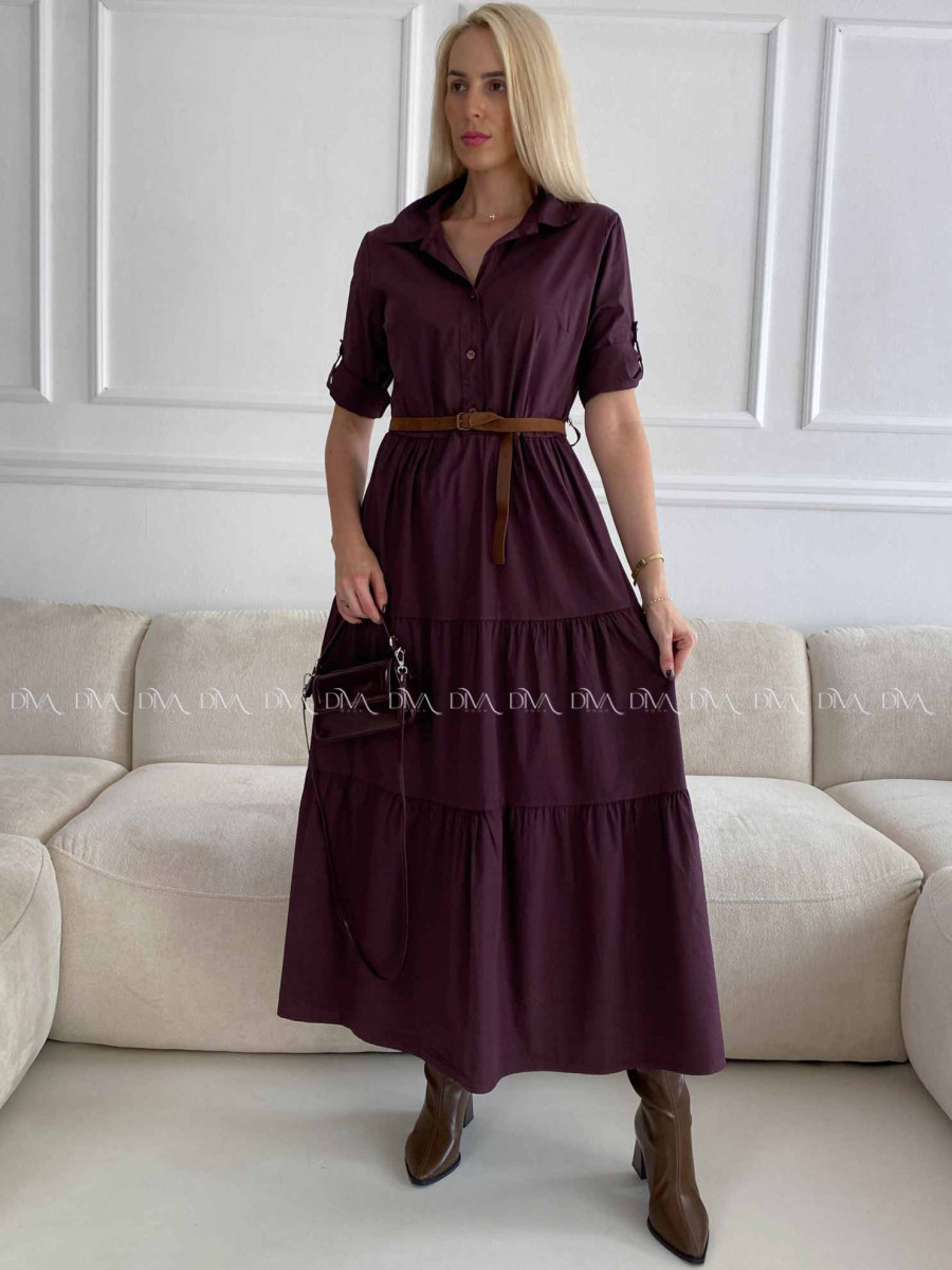 Košeľové maxi šaty s opaskom burgundy A 99