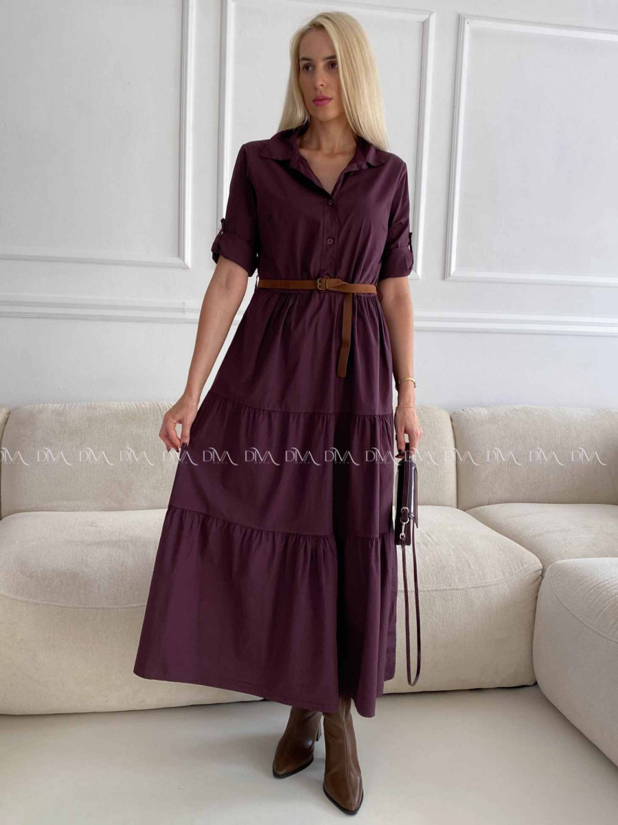 Košeľové maxi šaty s opaskom burgundy A 99