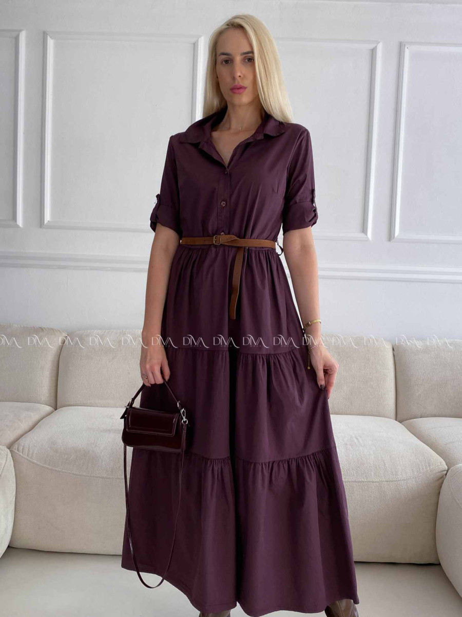 Košeľové maxi šaty s opaskom burgundy A 99