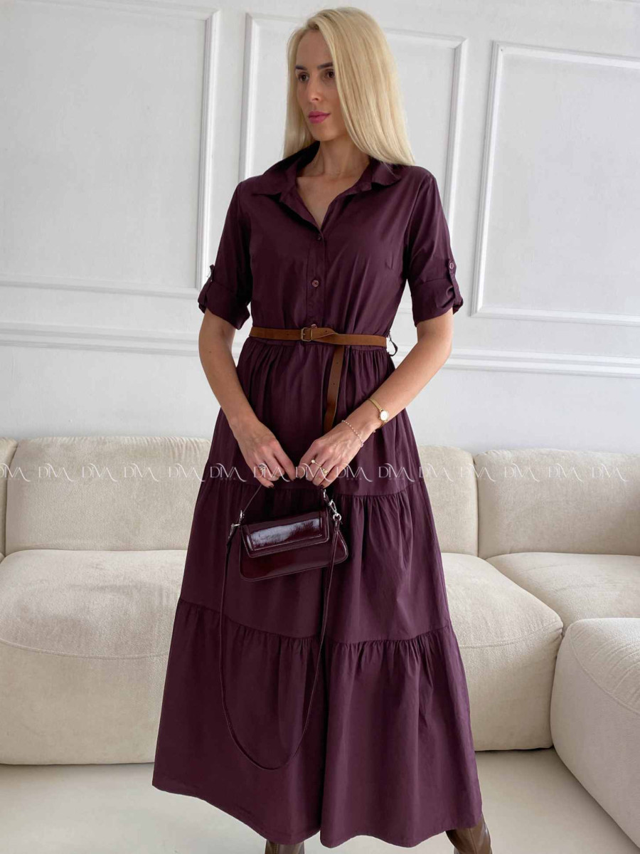 Košeľové maxi šaty s opaskom burgundy A 99