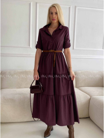 Košeľové maxi šaty s opaskom burgundy A 99