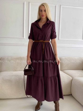 Košeľové maxi šaty s opaskom burgundy A 99