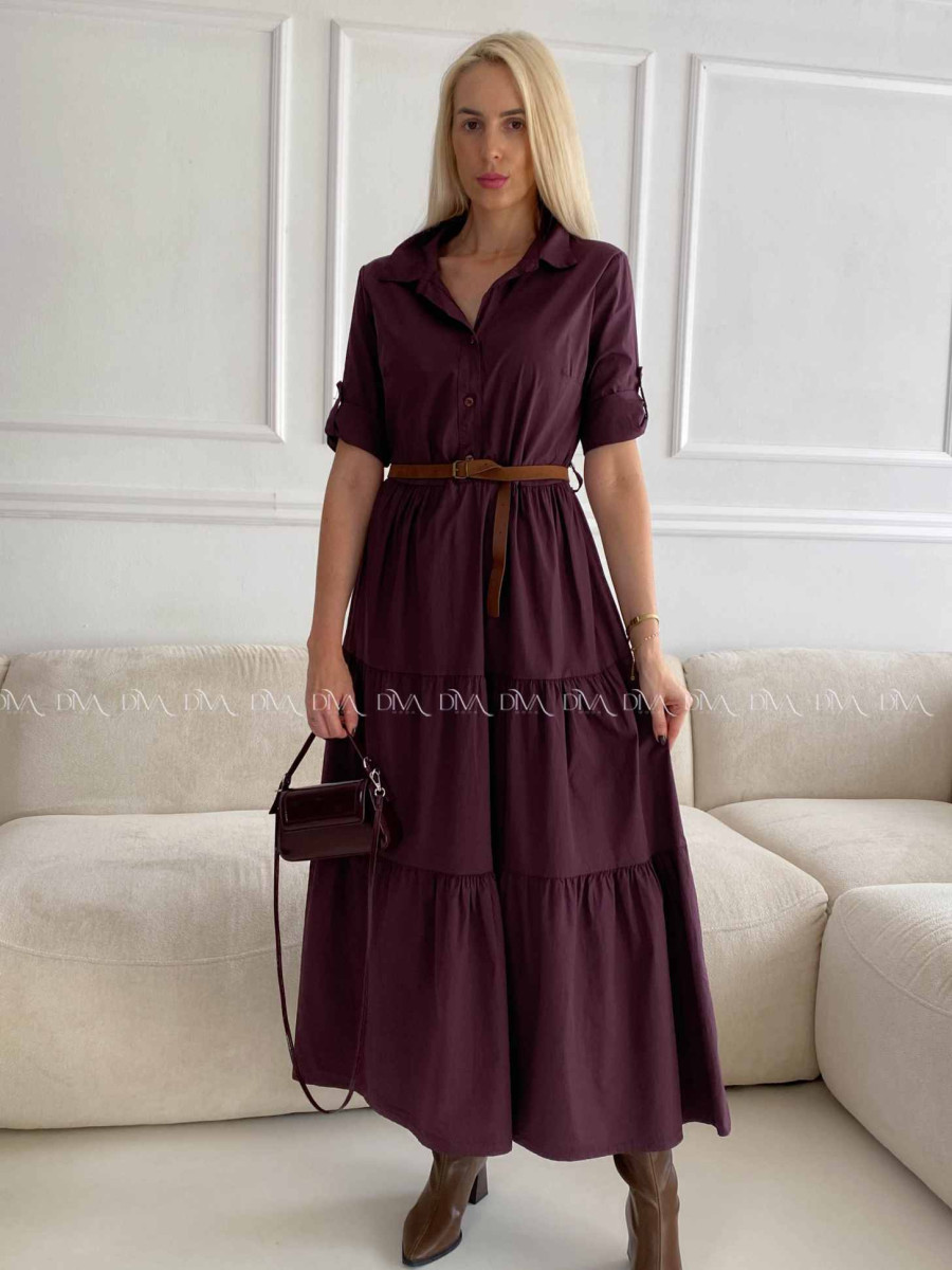 Košeľové maxi šaty s opaskom burgundy A 99