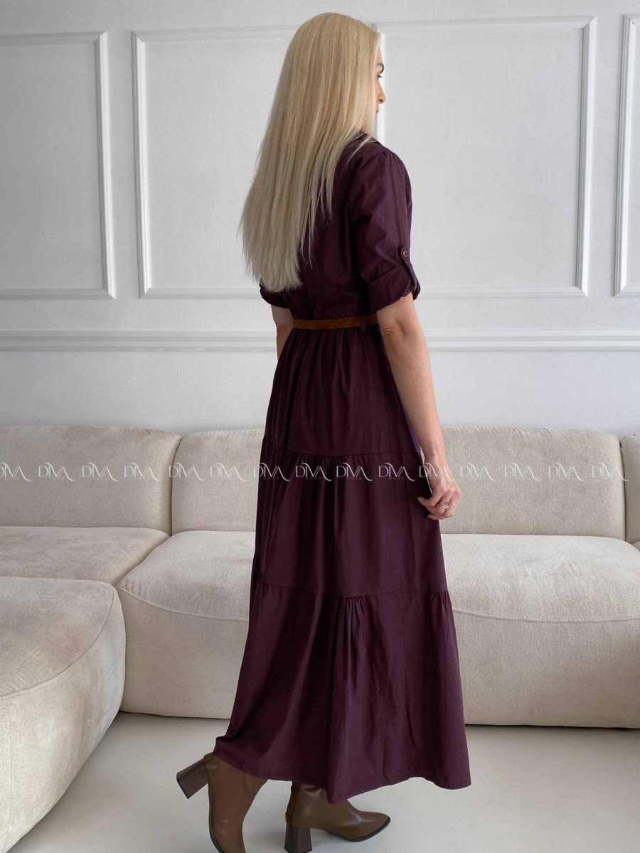 Košeľové maxi šaty s opaskom burgundy A 99