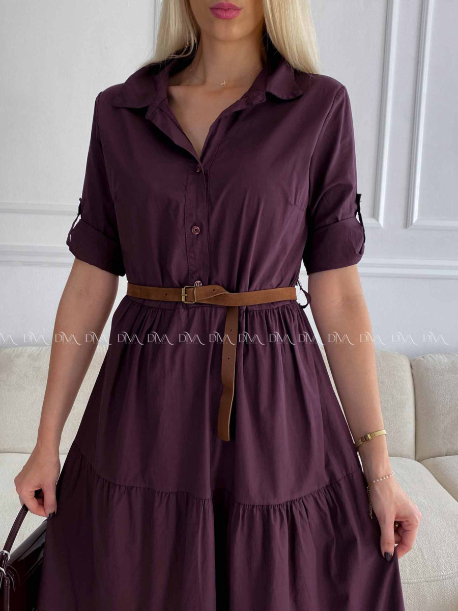 Košeľové maxi šaty s opaskom burgundy A 99