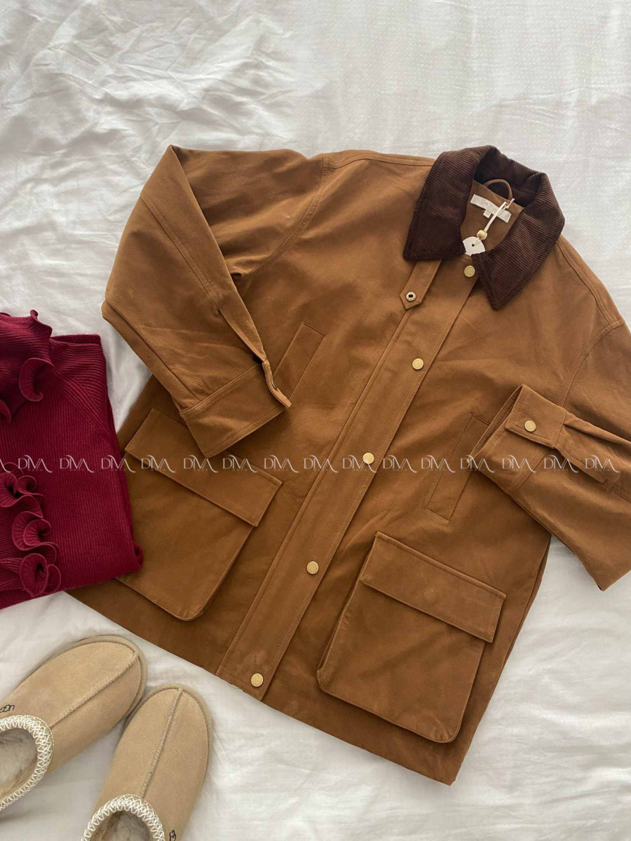 Bunda z brúsenej koženky s menčestrovým golierom camel A 95