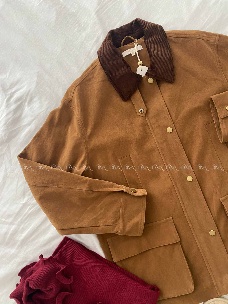 Bunda z brúsenej koženky s menčestrovým golierom camel A 95