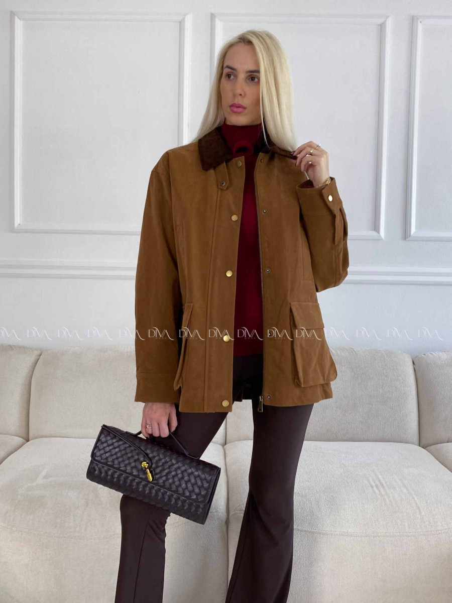 Bunda z brúsenej koženky s menčestrovým golierom camel A 95