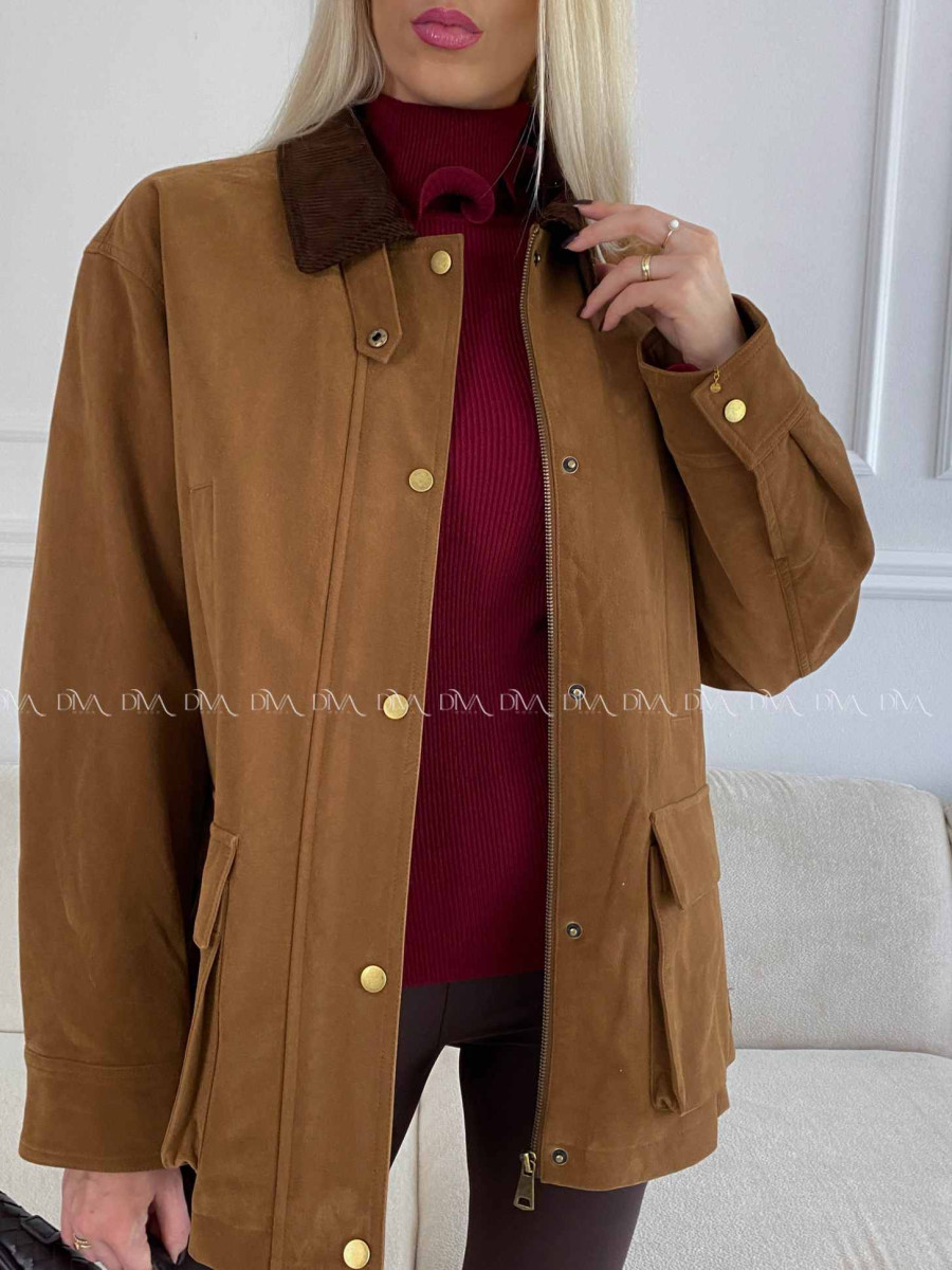 Bunda z brúsenej koženky s menčestrovým golierom camel A 95