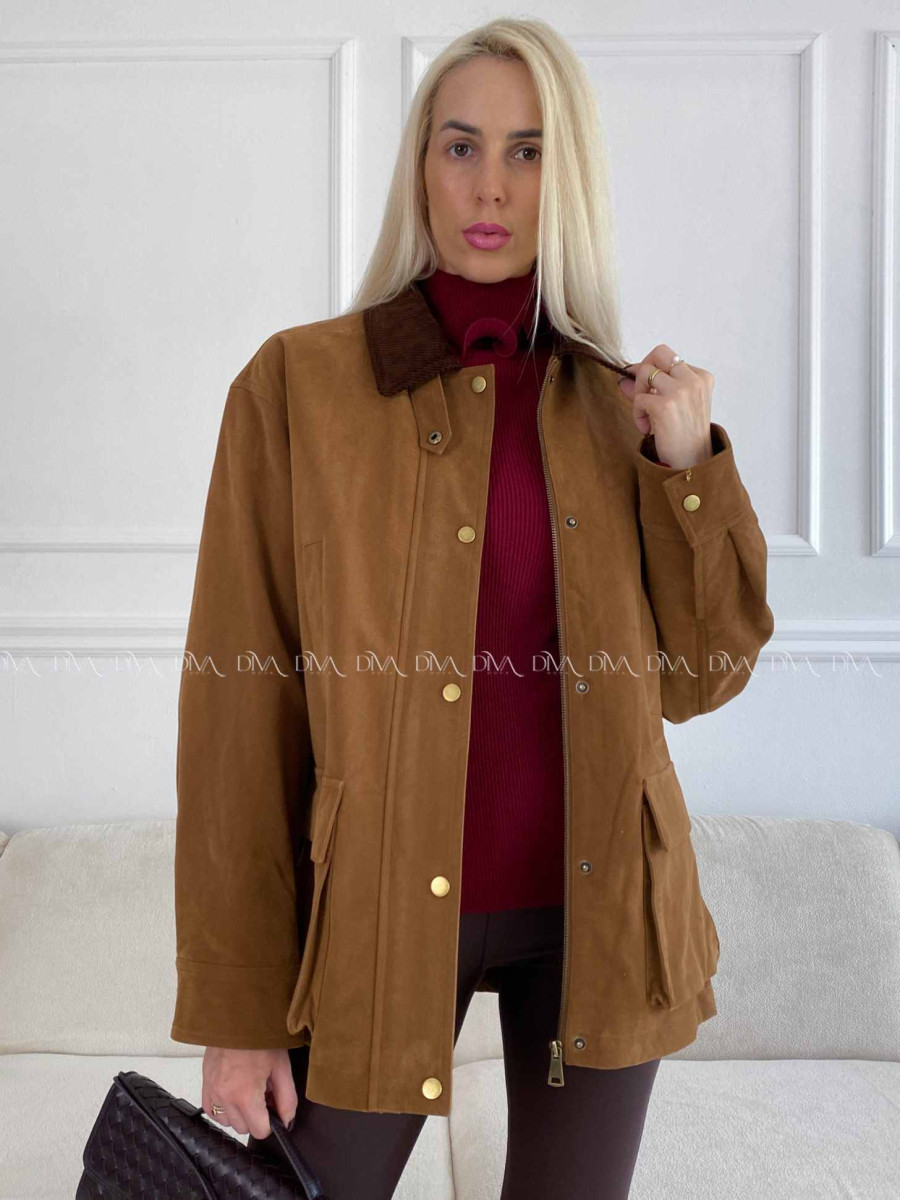 Bunda z brúsenej koženky s menčestrovým golierom camel A 95