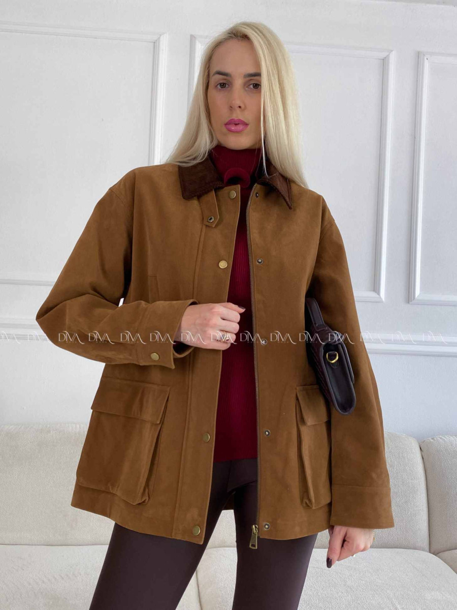 Bunda z brúsenej koženky s menčestrovým golierom camel A 95