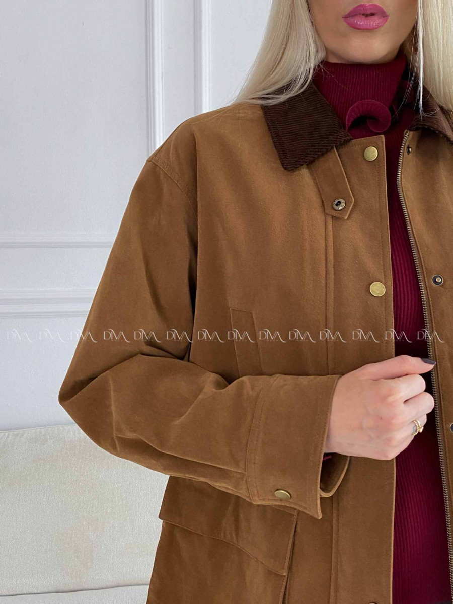 Bunda z brúsenej koženky s menčestrovým golierom camel A 95