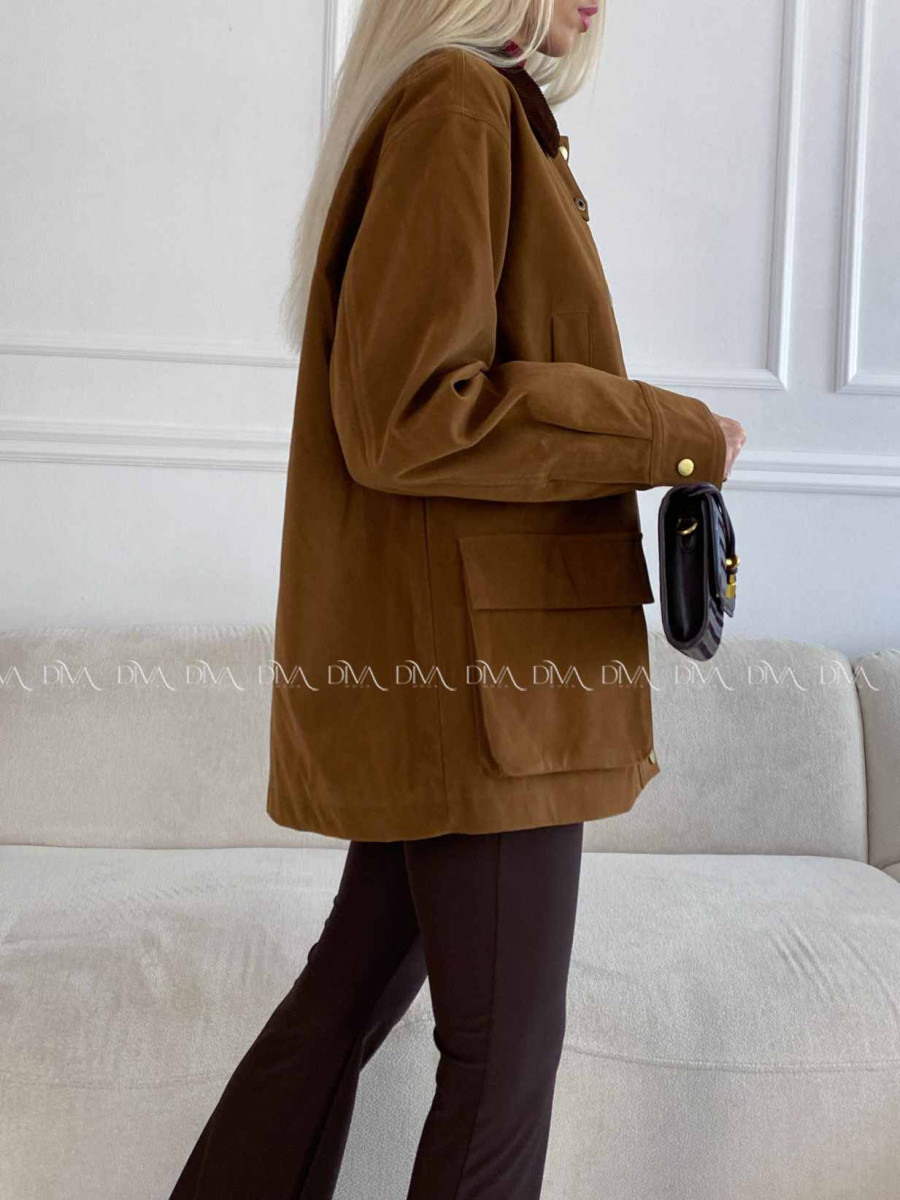 Bunda z brúsenej koženky s menčestrovým golierom camel A 95